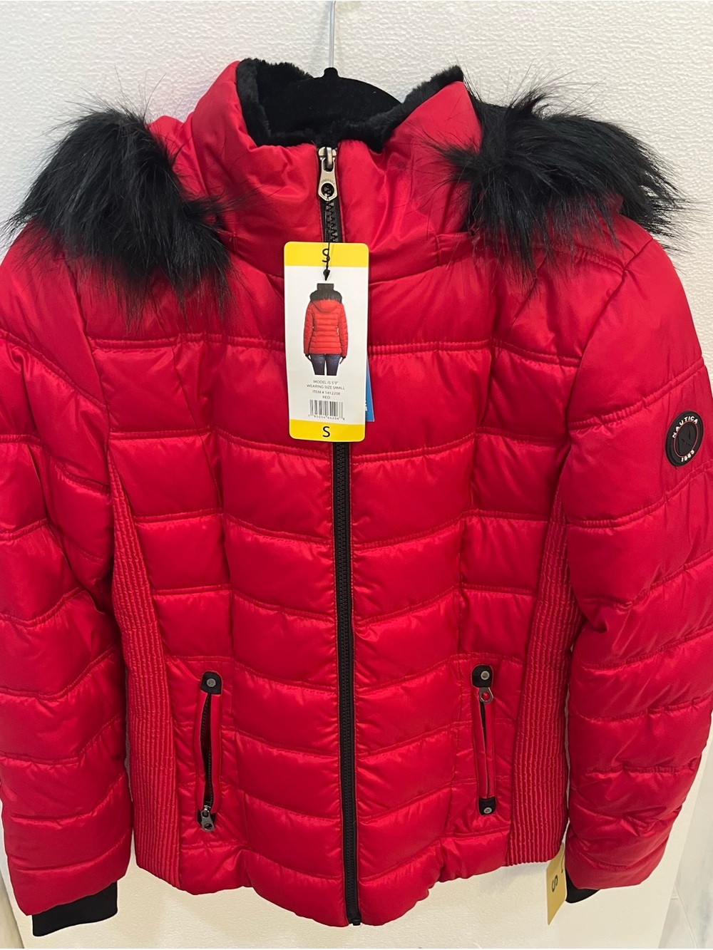 Nautica Bright Red Quilted Puffer Jacket with Black Faux Fur Hood Trim